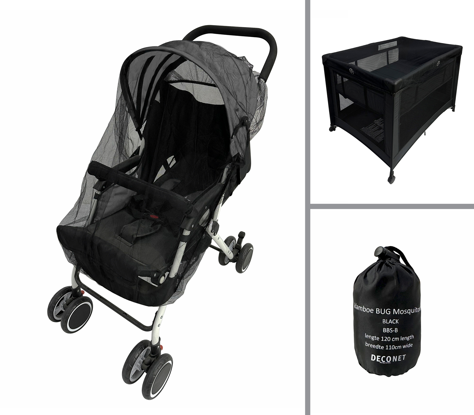 Klamboe Buggy, campingbedje en ledikantje BLACK 110x 120cm