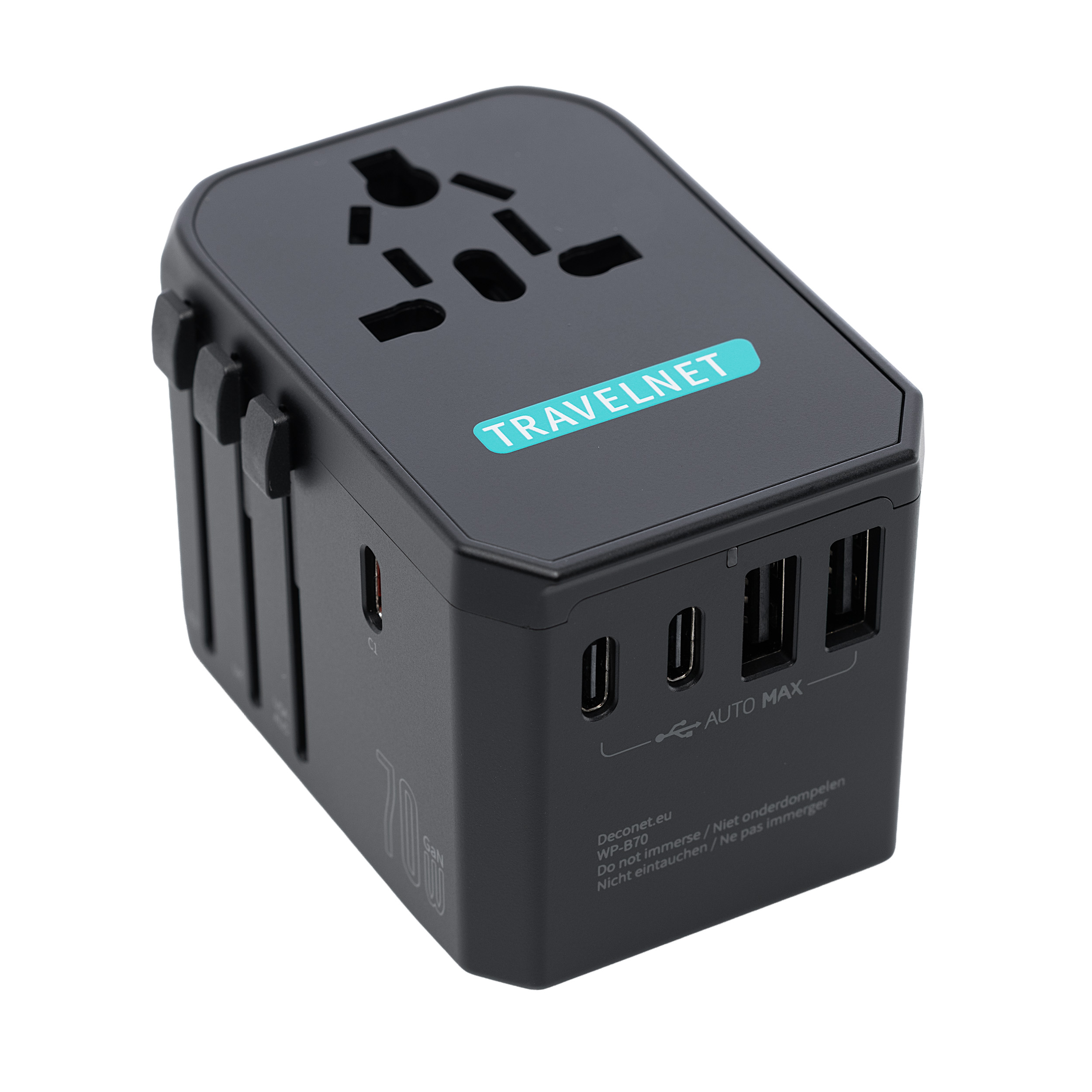 Travelnet Wereldstekker met USB-C (PD) 70W – Universele Reisstekker – 3x USB-C & 2x USB-A – Snellader