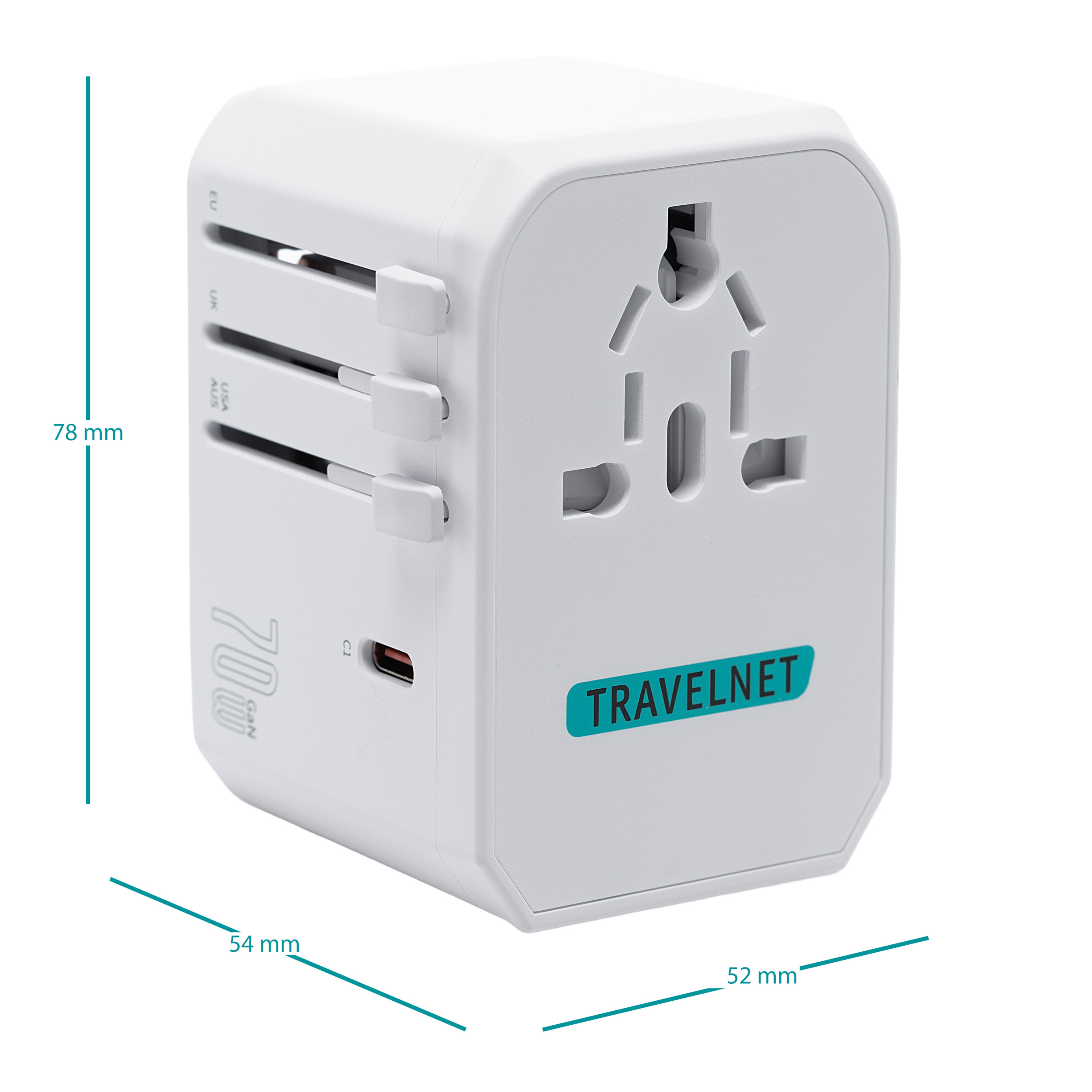 Travelnet Wereldstekker met USB-C (PD) 70W – Universele Reisstekker – 3x USB-C & 2x USB-A – Snellader - Afbeelding 2