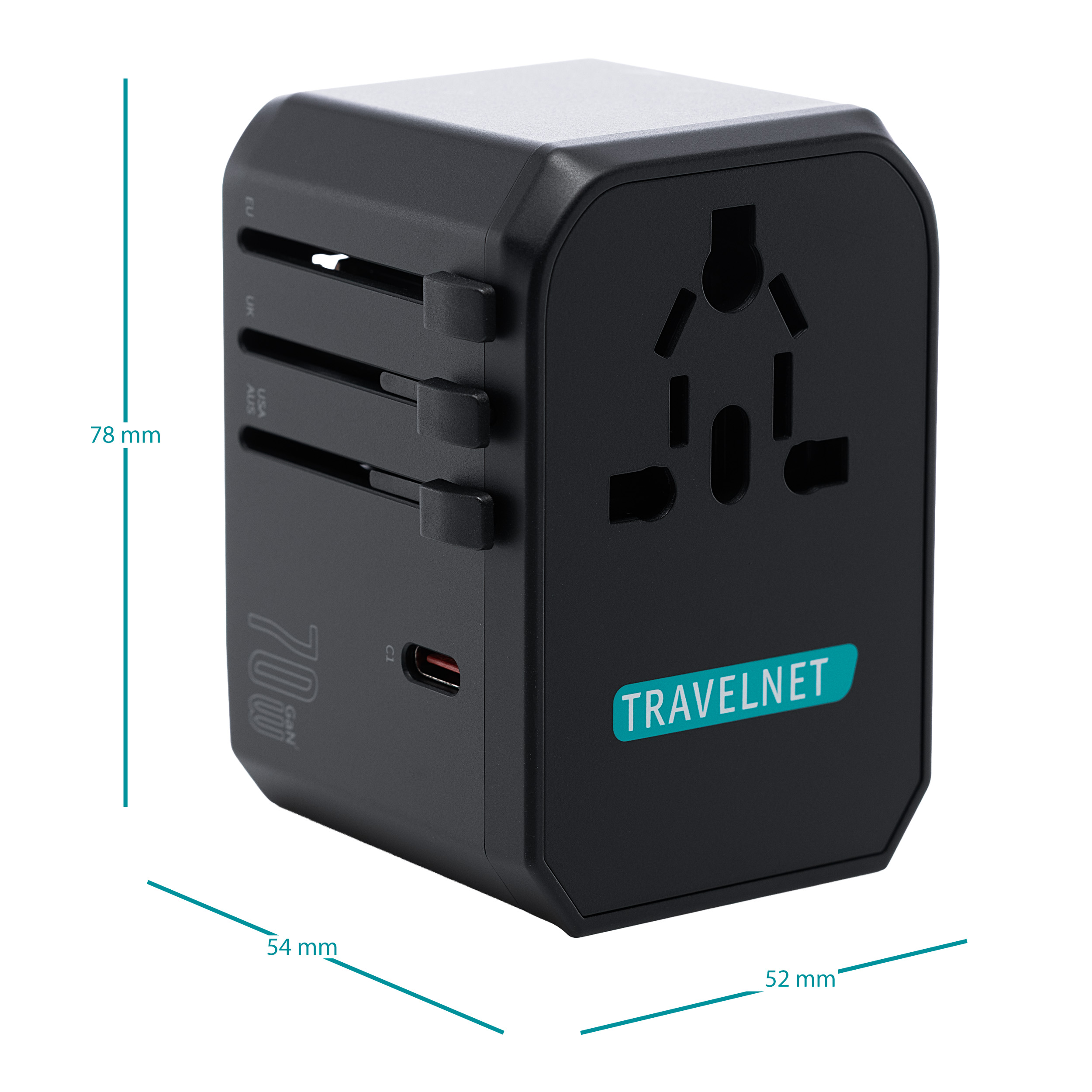 Travelnet Wereldstekker met USB-C (PD) 70W – Universele Reisstekker – 3x USB-C & 2x USB-A – Snellader - Afbeelding 2