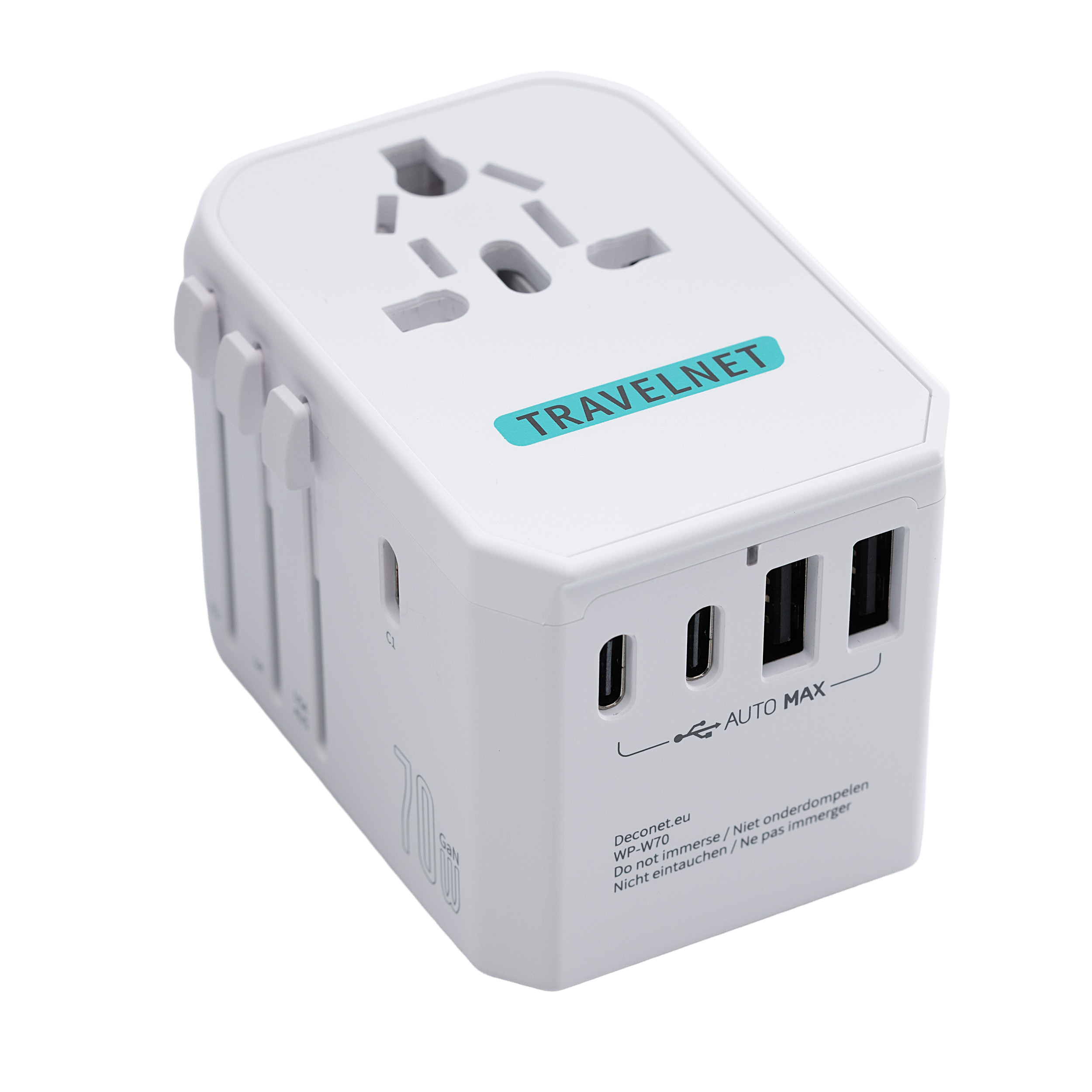 Travelnet Wereldstekker met USB-C (PD) 70W – Universele Reisstekker – 3x USB-C & 2x USB-A – Snellader